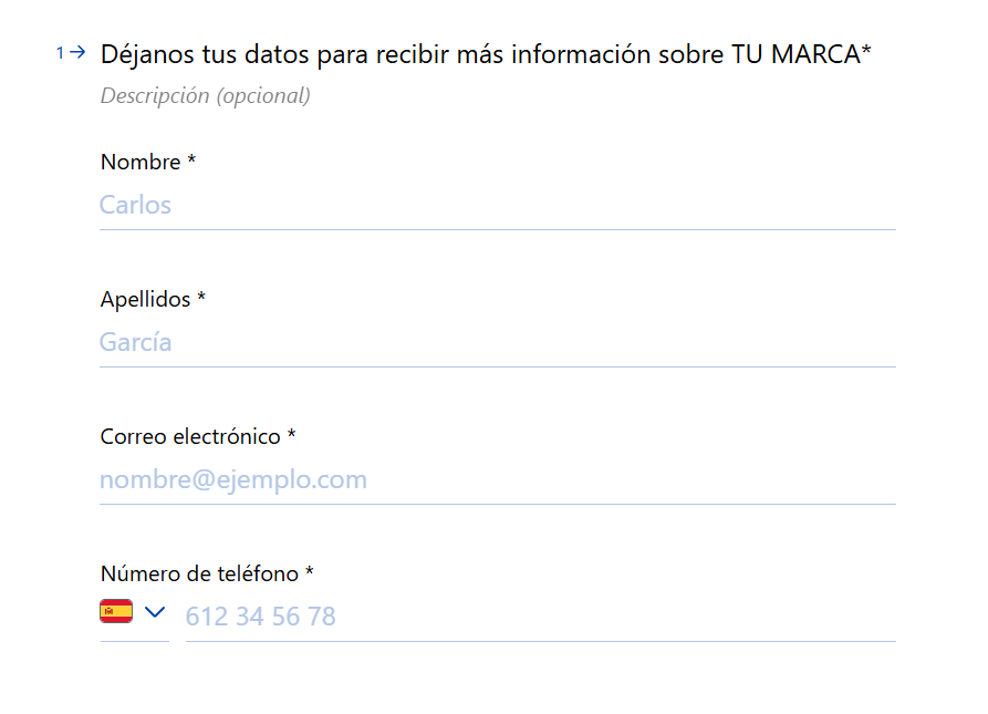 Formulario de Typeform con campos Nombre, Apellidos, Email y Teléfono