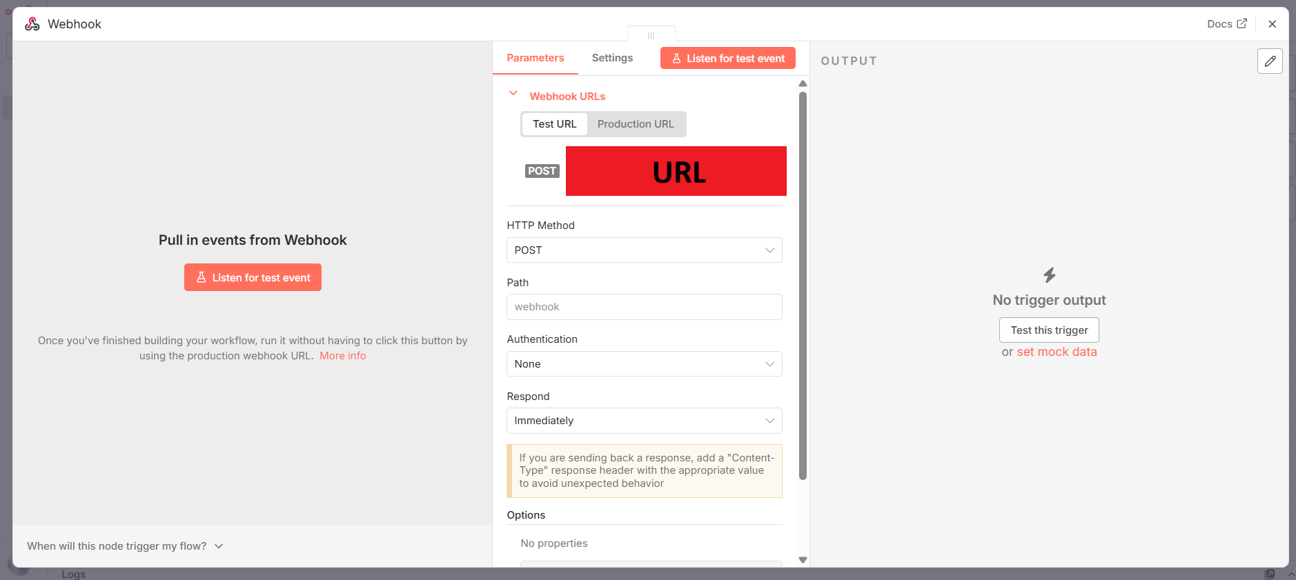 nodo webhook en n8n con url generada y flujo activo