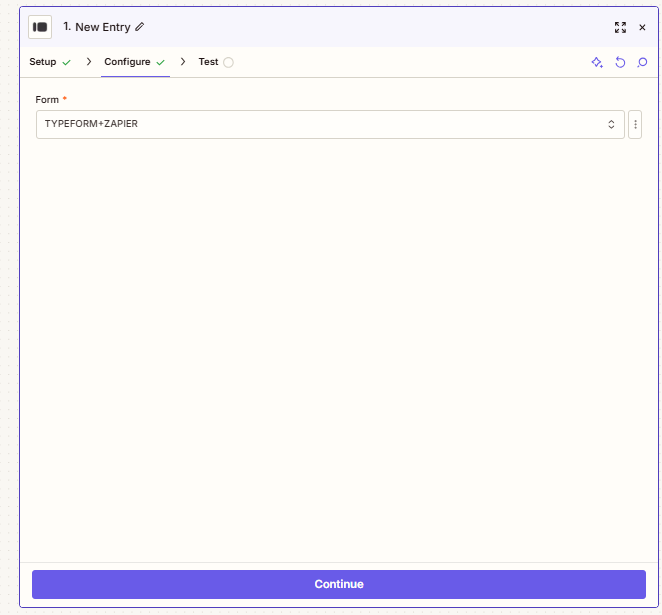 Formulario TYPEFORM+ZAPIER seleccionado en la configuración del trigger