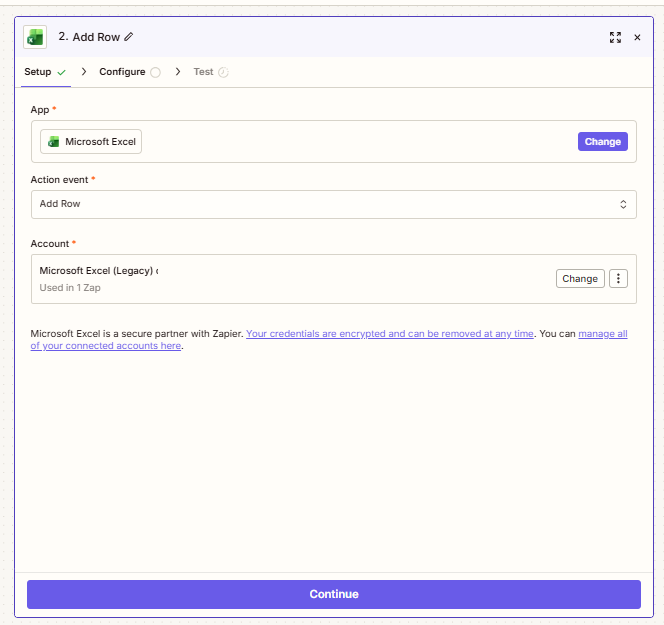 Módulo de Microsoft Excel en Zapier con acción Add Row