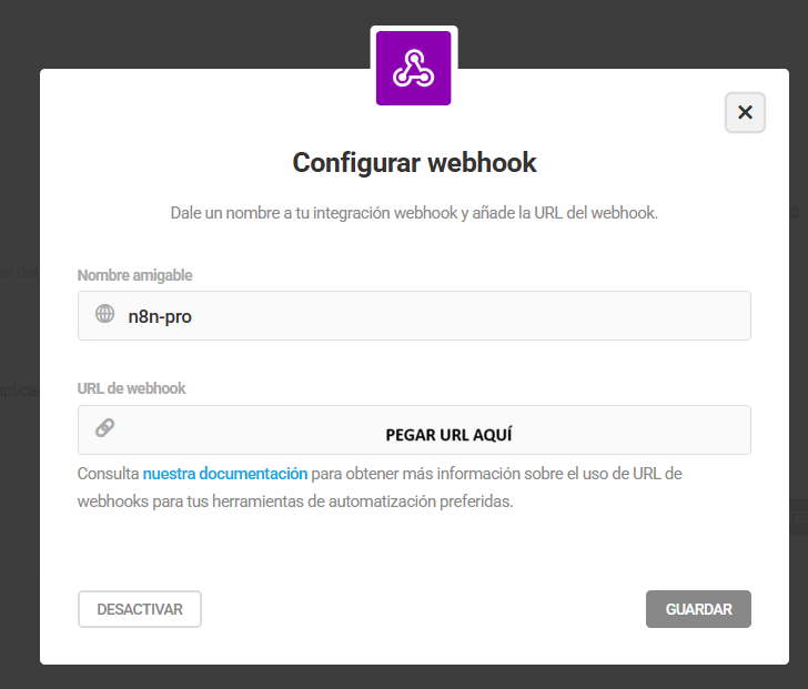 configuración del webhook en forminator con url de n8n