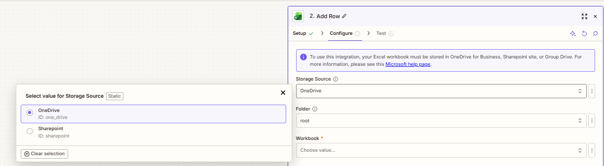 Selector de Storage Source en Zapier: OneDrive o SharePoint
