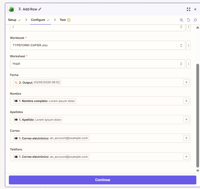 Mapeo de campos entre Typeform y las columnas del Excel en Zapier