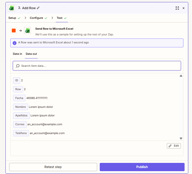 Test superado en Zapier: fila enviada correctamente a Microsoft Excel