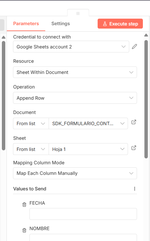conexión de google sheets en n8n con cuenta de google conectada