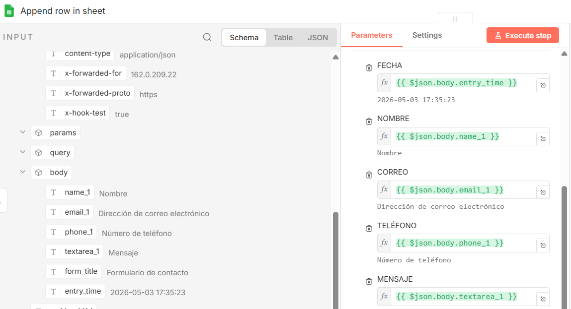 mapeo de campos entre webhook y google sheets en n8n
